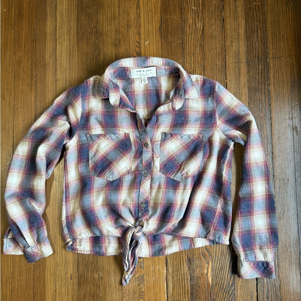 Cloth & Stone Multicolor Plaid Front Tie Button Down Long Sleeve